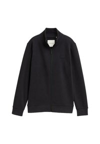 Schwarze ZIP-Jacke mit hohem Kragen, aus einem weichen Stoff gefertigt. Verfügt über ein minimalistisches Design und ein kleines Logo-Patch auf der linken Brust.
