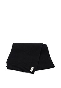 Sciarpa lavorata a maglia nera con superficie texturizzata, bordi a coste e una piccola etichetta su un lato.