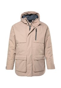 Giacca invernale beige con cappuccio, chiusura frontale a zip, bottoni a pressione, tasca con zip sul petto e due ampie tasche a patta in vita.