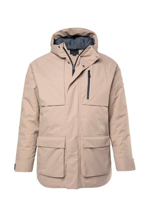 Béžová zimní bunda s kapucí a předním zipem, patkovými knoflíky, kapsou na zip na hrudi a dvěma velkými kapsami s klopou v pase.