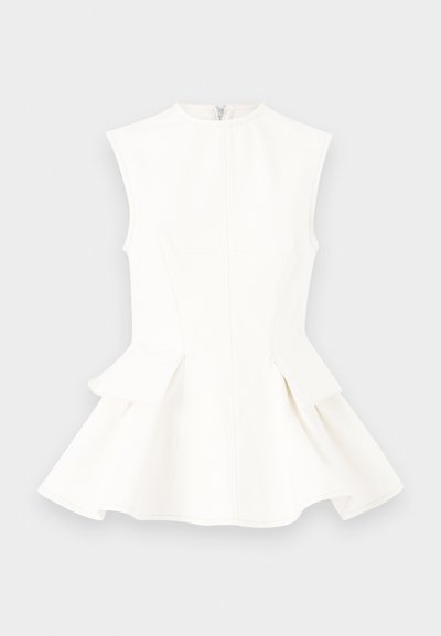 White sleeveless top with peplum design, structured fabric, and a back zipper. Smooth texture, rounded neckline, and tailored fit.