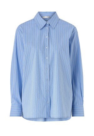 Blaues Hemd mit Knopfleiste, vertikalen weißen Streifen, langen Ärmeln und klassischem Kragen. Weicher Stoff mit glatter Textur und abgerundetem Saum.