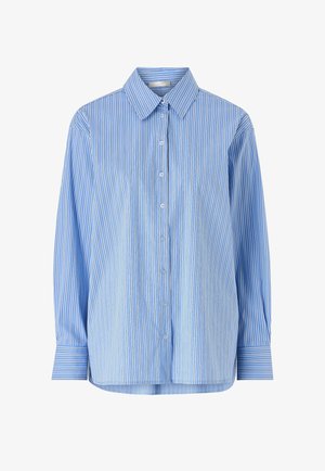 Chemise bleue à boutons avec rayures blanches verticales, manches longues et col classique. Tissu doux avec une texture lisse et ourlet arrondi.