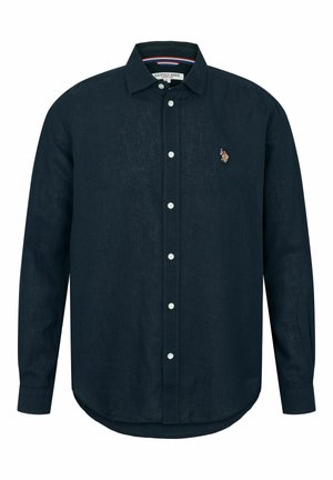 Dark navy linen shirt with a button-down collar, long sleeves, and a curved hem. Features white buttons and a small embroidered logo.