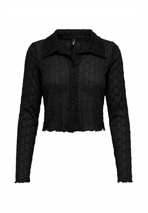 Juoda, trumpa ilgio ilgomis rankovėmis marškinėliai su tekstūruotu, banginiu raštu. Su apykakle ir mygtukais priekyje.