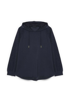 Navyblå hættetrøje med lange ærmer og tekstureret prikmønster på ærmerne samt snore med metalender.