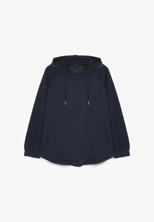 Tummansininen pitkähihaisen hupullinen collegepaita, jossa on teksturoitu pilkkukuosi hihoissa ja metallisilla päätteillä varustetut kiristysnauhat.