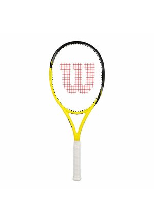 Yellow and black tennis racket with a rectangular head and white grip. Features a red "W" logo on the strings and a perforated handle.