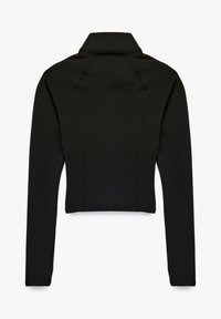 Sort cropped jakke med lange ærmer, lavet af glat stof, med krave og subtile syningdetaljer.