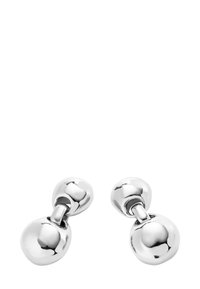 Boutons de manchette en métal argenté présentant un design sphérique lisse, avec deux sphères reliées de tailles différentes et des surfaces polies réfléchissantes.