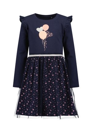 Marineblaues Langarmkleid mit gerafften Schultern, pink-silbernem Luftballon-Design auf der Brust und einem Tüllrock mit Sternenmuster.