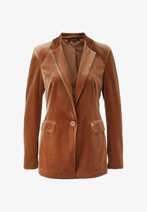 Hnědý kordový blazers s klopovým límcem, jednobutonovou sponou, dvěma předními kapsami a hladkou podšívkou. Texturovaný povrch a přiléhavý střih.