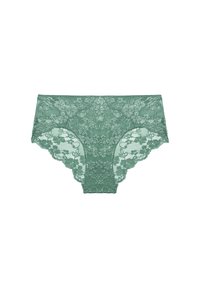 Chiloți verzi din dantelă cu model floral, având un bordeau ondulat și o textură semi-transparentă. Potrivire confortabilă și design delicat.