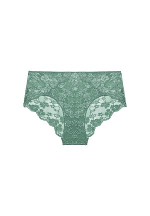 Groene kanten slipjes met een bloemenpatroon, voorzien van een geschulpte rand en semi-transparante textuur. Comfortabele pasvorm en een delicate uitstraling.