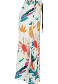 Jupe maxi à motifs floraux en tissu léger. Dotée d'une taille élastique avec cordon de serrage et de couleurs vives, dont des accents orange, rose et teal.
