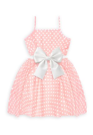 Roze mouwloze jurk met witte polkadots en een grote witte satijnen strik in de taille, met een uitlopende rok en dunne bandjes.