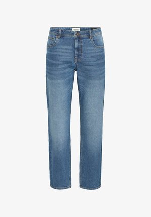 Blå denim jeans med rett bendesign, høy midje, femlommesyder og synlige sømdetaljer.