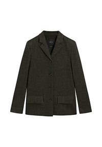 Ciemny blazer w warkoczowy wzór z wykładanym kołnierzem, zapięciem na jeden guzik, dwiema przednimi kieszeniami i długimi rękawami. Wykonany z teksturowanej tkaniny.