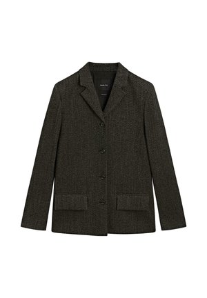 Blazer con motivo a spina di pesce scuro, colletto a scollatura, chiusura con un solo bottone, due tasche frontali e maniche lunghe. Realizzato in tessuto testurizzato.