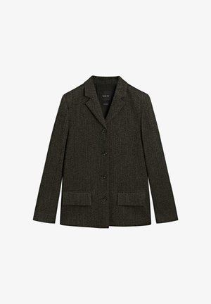Blazer en herringbone foncé avec un col cranté, fermeture à un bouton, deux poches avant et manches longues. Fabriqué en tissu texturé.