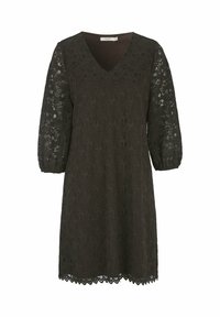 Schwarzes Spitzenkleid mit V-Ausschnitt, langen Puffärmeln und gezacktem Saum. Das filigrane Spitzenmuster verleiht ein strukturiertes Aussehen.