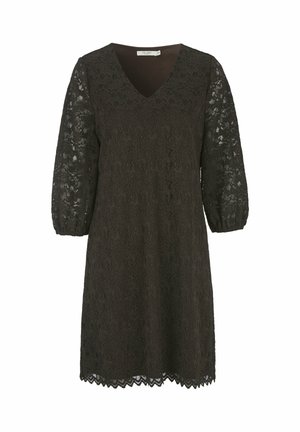 Black lace dress with a V-neck, long puff sleeves, and scalloped hem. The intricate lace pattern gives a textured appearance.