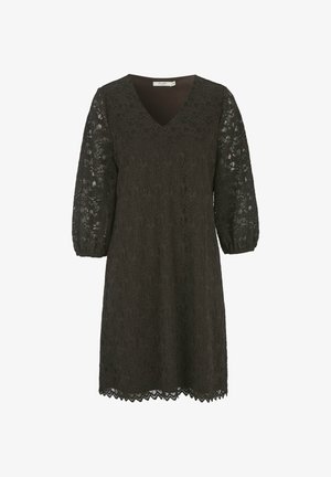 Black lace dress with a V-neck, long puff sleeves, and scalloped hem. The intricate lace pattern gives a textured appearance.
