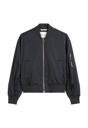Black bomber jacket with front zipper, two side pockets, ribbed cuffs and hem, and a zippered pocket on the left sleeve.