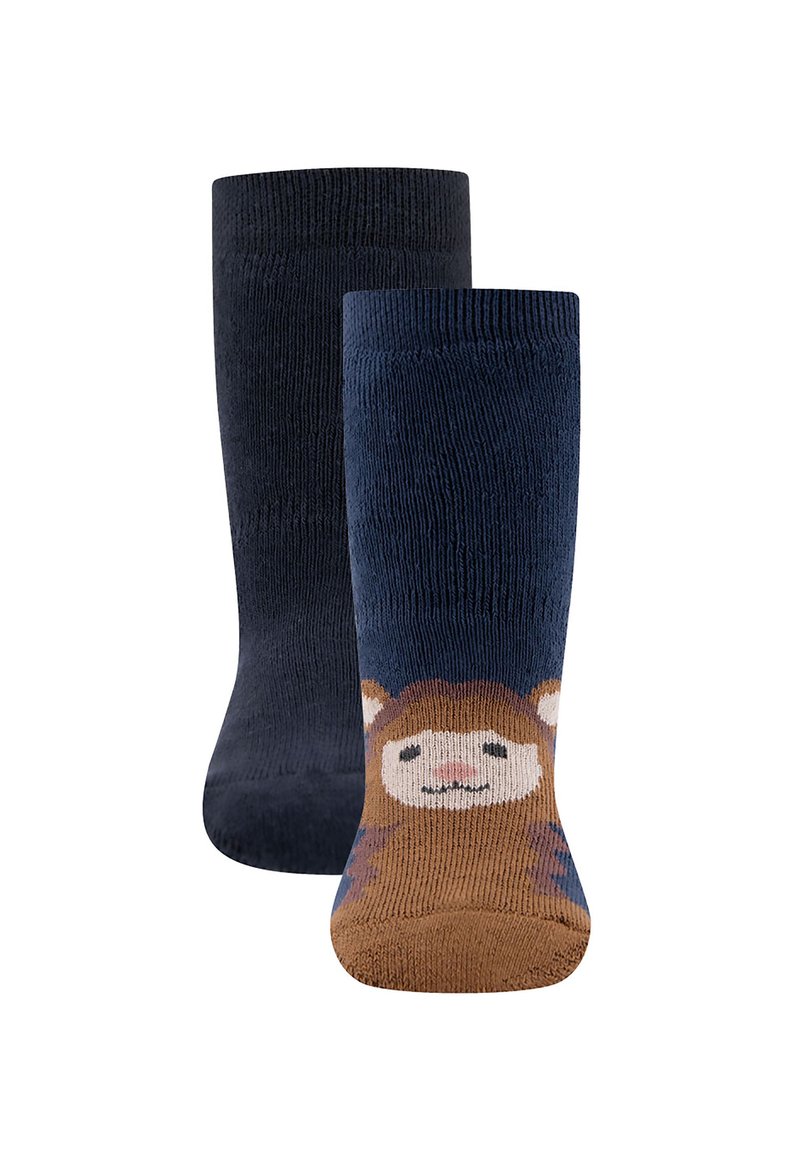 Bawełniane skarpetki do kolan, jedna w jednolitym granacie, a druga z brązową twarzą lwa na palcu, z teksturowanym ściągaczem zapewniającym dopasowanie i komfort.