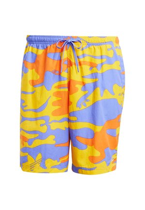 Costumi da bagno colorati realizzati in tessuto leggero. Presentano un motivo camouflage giallo-blu con accenti arancioni e una cintura elastica.