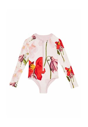 Różowy body z długim rękawem w kwiaty, z zamkiem błyskawicznym z przodu i różnorodnymi czerwonymi oraz różowymi nadrukami kwiatowymi na jasnym tle.