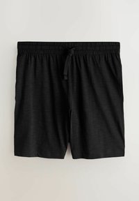 Schwarze Badeshorts mit elastischem Bund, verstellbarem Kordelzug und Seitentaschen. Hergestellt aus leichtem, strukturiertem Stoff.