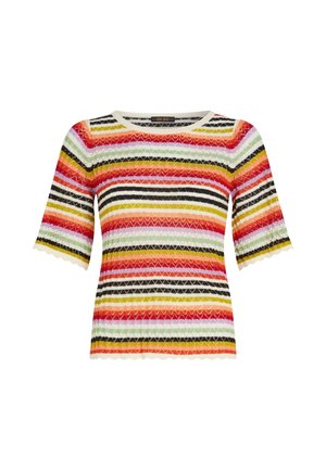 Dzianinowy sweter z krótkim rękawem w wielokolorowe poziome paski w kolorach pomarańczowym, czerwonym, zielonym, żółtym, czarnym i białym, z falistymi krawędziami.