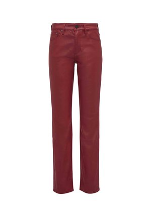 Red faux leather pants with a straight leg design, button closure, front pockets, and a smooth texture. Suitable for casual or semi-formal wear.
