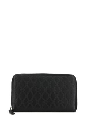 Portafoglio nero con chiusura a zip tutto intorno, motivo geometrico in rilievo, texture in pelle liscia, forma rettangolare e chiusura con cerniera.