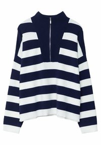 Marineblauw en witte gestreepte gebreide pullover met een hoge kraag en een ritssluiting. Heeft brede horizontale strepen en een losse pasvorm.