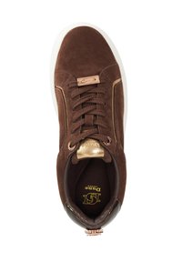 Brown suede sneaker with a white rubber sole, gold-tinged accents, round laces, and a branded gold tag on the tongue.