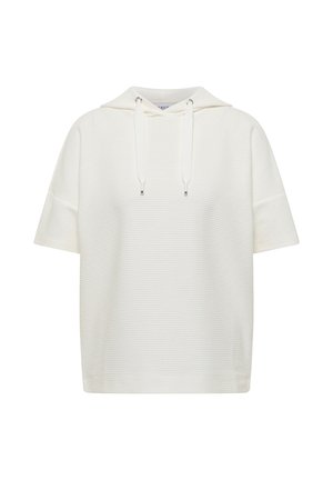 Sweat à capuche blanc à manches courtes avec texture, cordons de serrage et coupe décontractée, présenté sur un fond blanc uni.