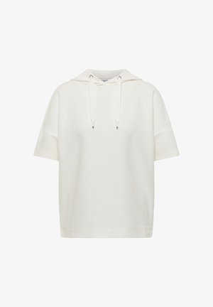 Lyhythihainen valkoinen teksturoitu huppari, jossa narut ja rento istuvuus, esillä yksivärisellä valkoisella taustalla.