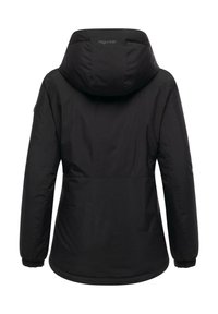 Giacca nera da donna con cappuccio, realizzata in materiale liscio. Presenta polsini elasticizzati e un orlo con coulisse per una vestibilità regolabile. Design minimalista.