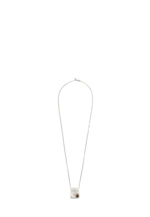 Silver chain necklace featuring a rectangular pendant with a textured surface and a small round brown stone accent.