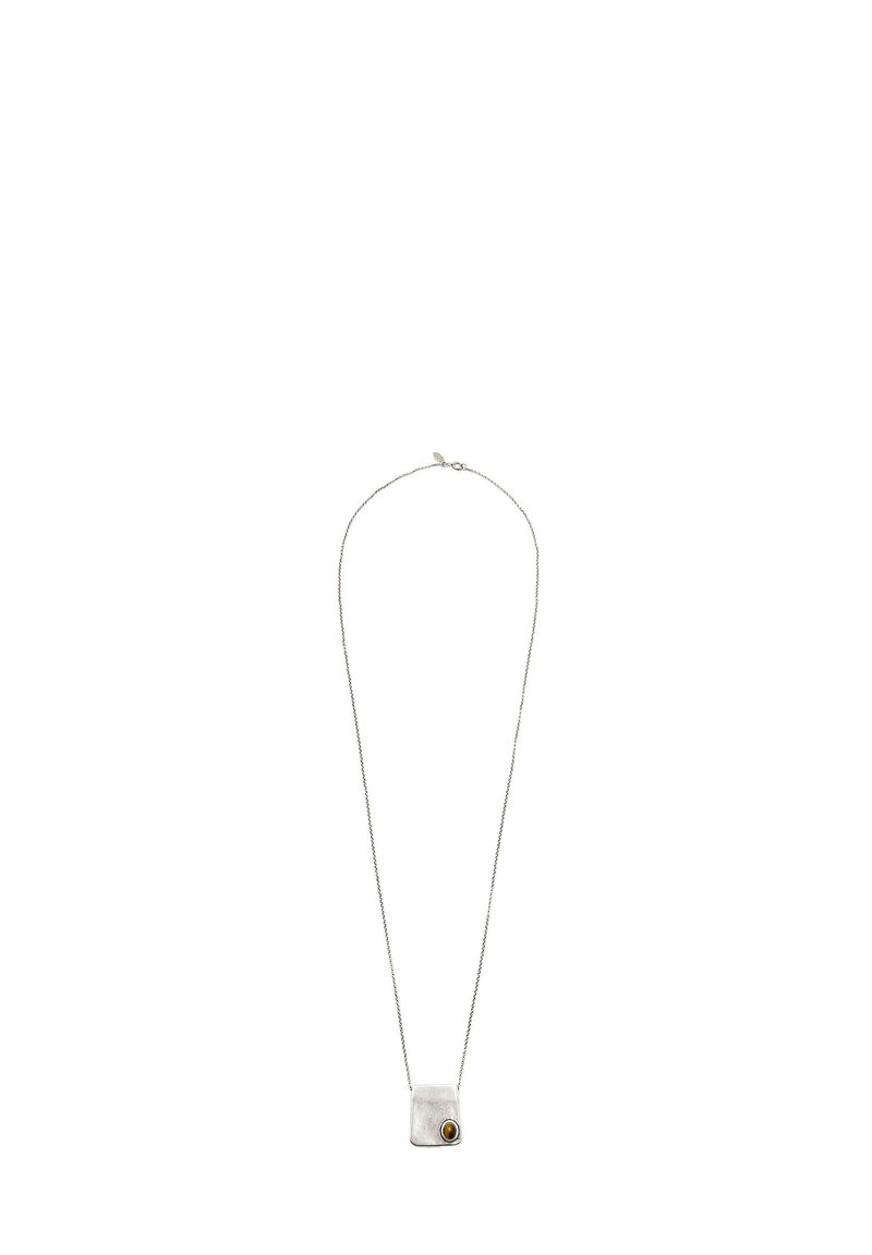 Silver chain necklace featuring a rectangular pendant with a textured surface and a small round brown stone accent.