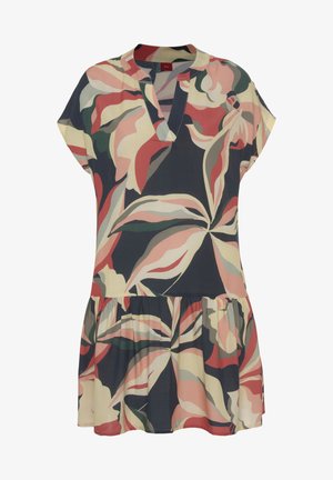 Cvetna obleka s kratkimi rokavi, z V-izrezom, večbarvnimi listi v rdeči, roza, zeleni in krem barvi na temnem ozadju; nabran krilo.