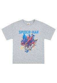 Camiseta de algodón gris con un gráfico colorido de Spider-Man en rojo y azul, con el texto "SPIDER-MAN" y elementos de diseño dinámicos.