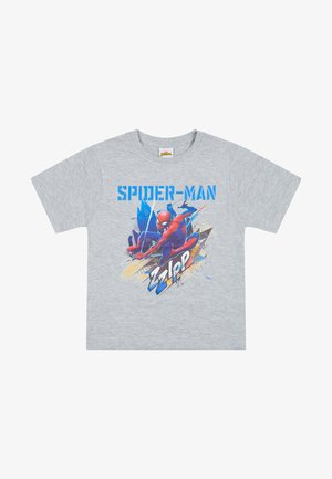 Grijze katoenen t-shirt met een kleurraf Spider-Man grafiek in rood en blauw, met de tekst "SPIDER-MAN" en dynamische designelementen.
