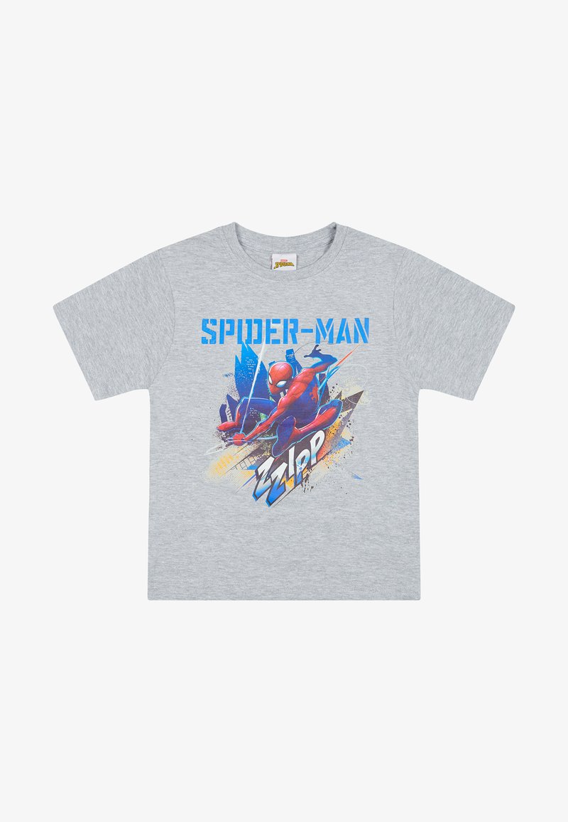 Camiseta de algodón gris con un gráfico colorido de Spider-Man en rojo y azul, con el texto "SPIDER-MAN" y elementos de diseño dinámicos.