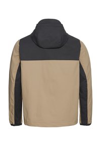 Zweifarbige Jacke mit beigem Körper und schwarzem oberem Rücken, schwarzen Einsätzen unter den Ärmeln und angenähter schwarzer Kapuze, von hinten gezeigt.