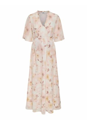 Lys rosa midikjole med blomstermønster, V-hals, korte flutter-ermser og detaljer med innsydd midje.