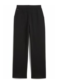 Zwarte wijde broek van zachte stof. Kenmerkt zich door een naadloze tailleband en twee zijzakken, wat een minimalistisch design biedt.