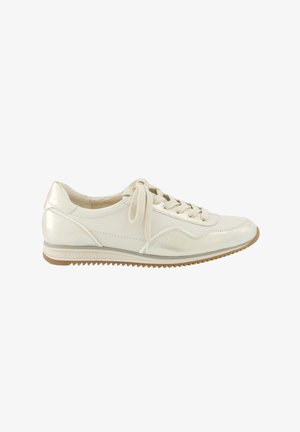 Weiße Ledersneaker mit glänzendem Metallic-Finish, abgerundeter Spitze und flacher Gummisohle. Verfügt über strukturierte Akzente und ein klassisches Schnürdesign.